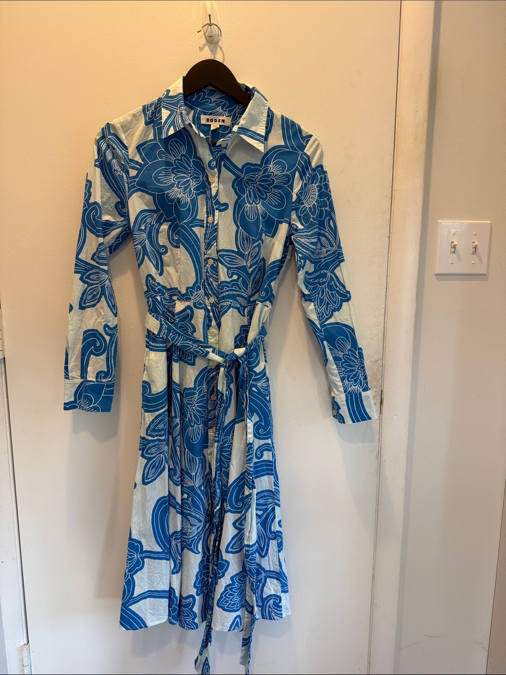 Boden Blue and White Floral Long-Sleeve Shirt Dress